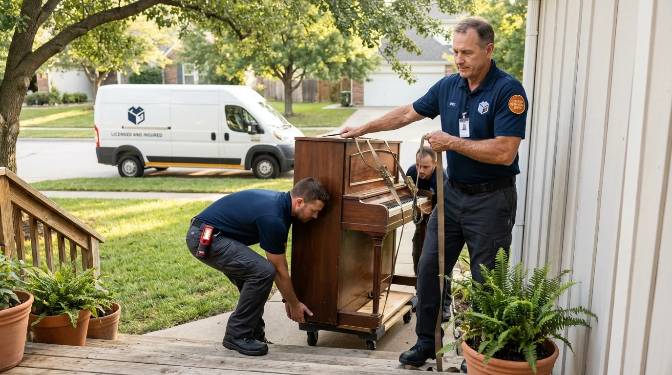 Licensed piano movers securing grand piano in Oak Harbor, WA