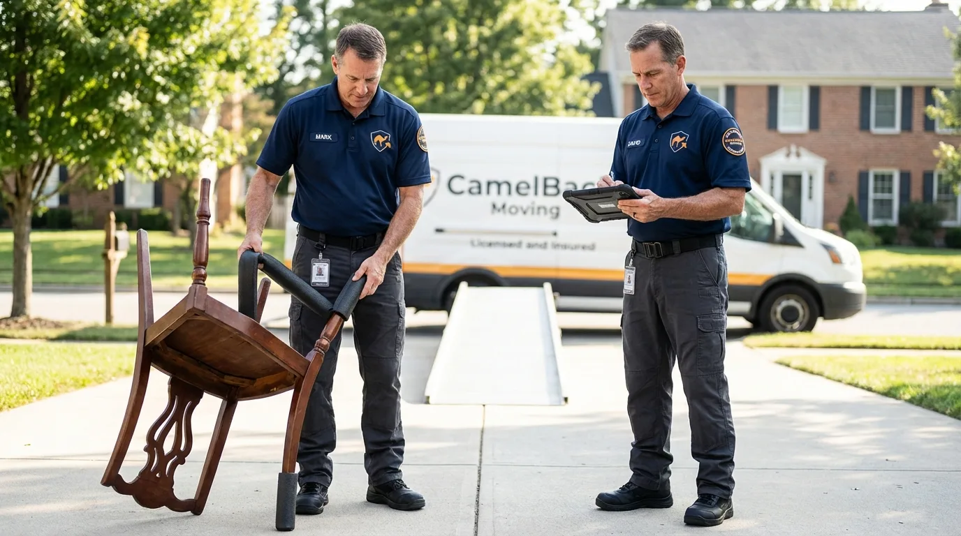 Movers inspecting furniture for damage prevention before loading in Oak Harbor, WA